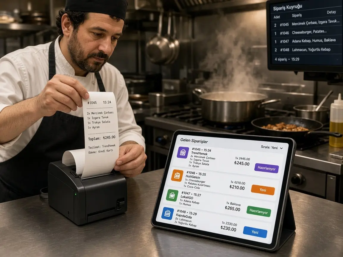 Restoran mutfağında aşçı paket sipariş fişini alırken tablette farklı online yemek platformlarından gelen siparişler tek listede