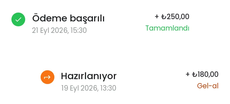 Tamamlanan ve gel-al için hazırlanan ödeme kayıtları