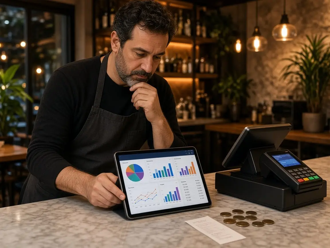 Kasada tablet ve POS terminali başında QR menü fiyat tekliflerini karşılaştıran restoran işletmecisi
