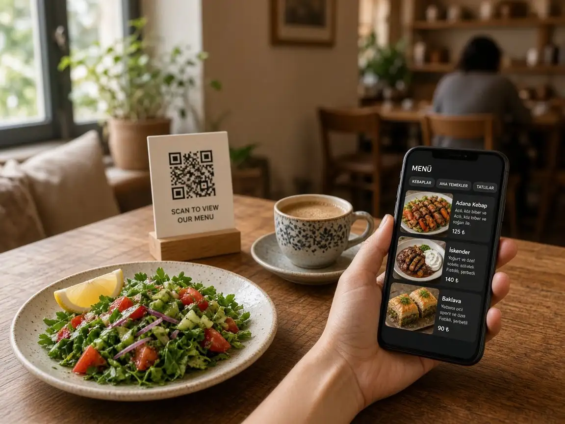 Masada QR kod standı ve telefonda dijital menü açık modern kafe ortamında restoran QR menü kurulumu