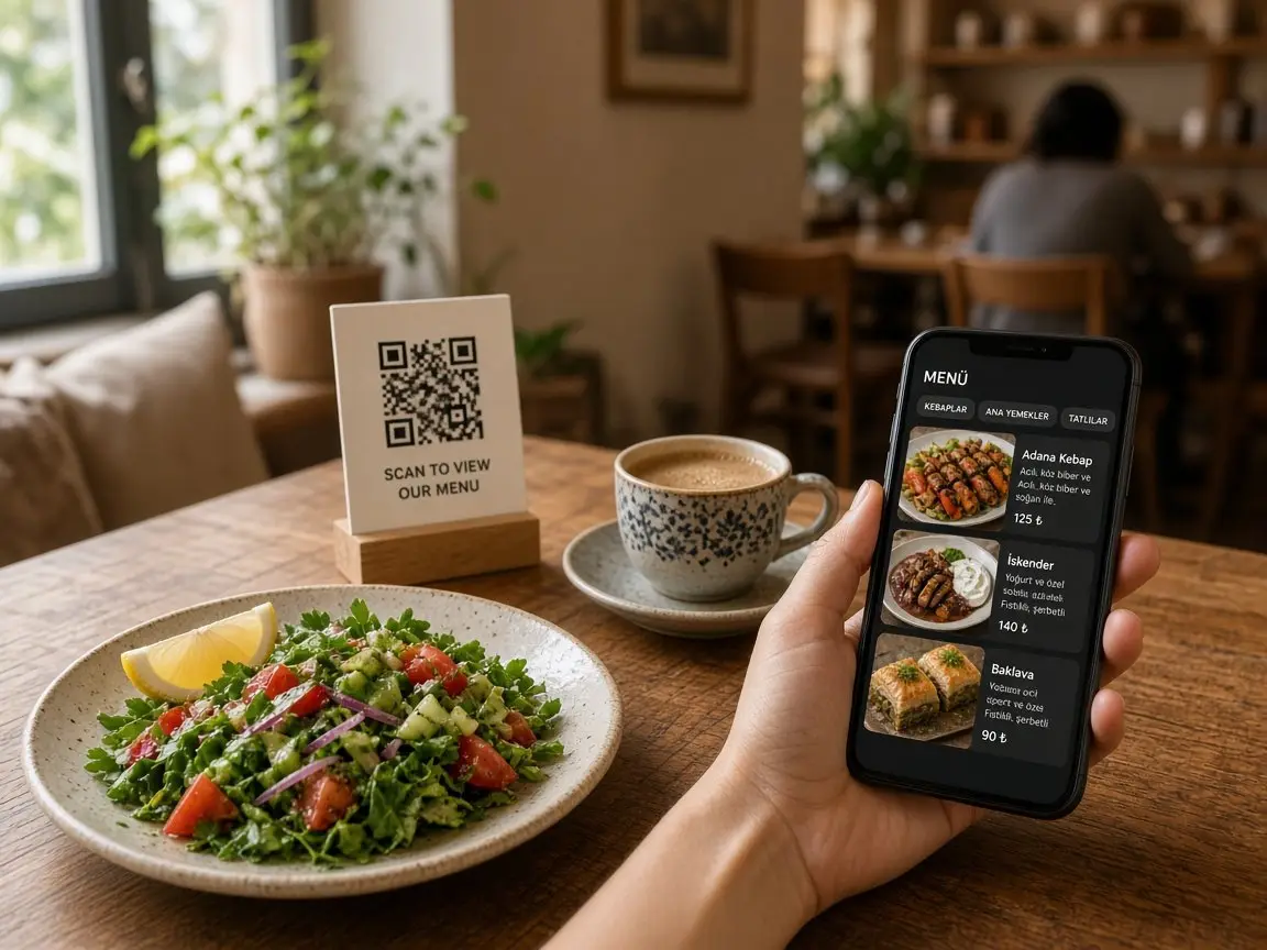 Masada QR kod standı ve telefonda dijital menü açık modern kafe ortamında restoran QR menü kurulumu