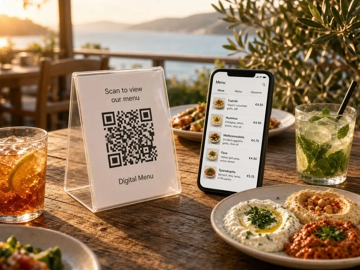 Teras masasında QR tent kart ve telefonda güncel yemek listesi gösteren dijital QR menü sistemi