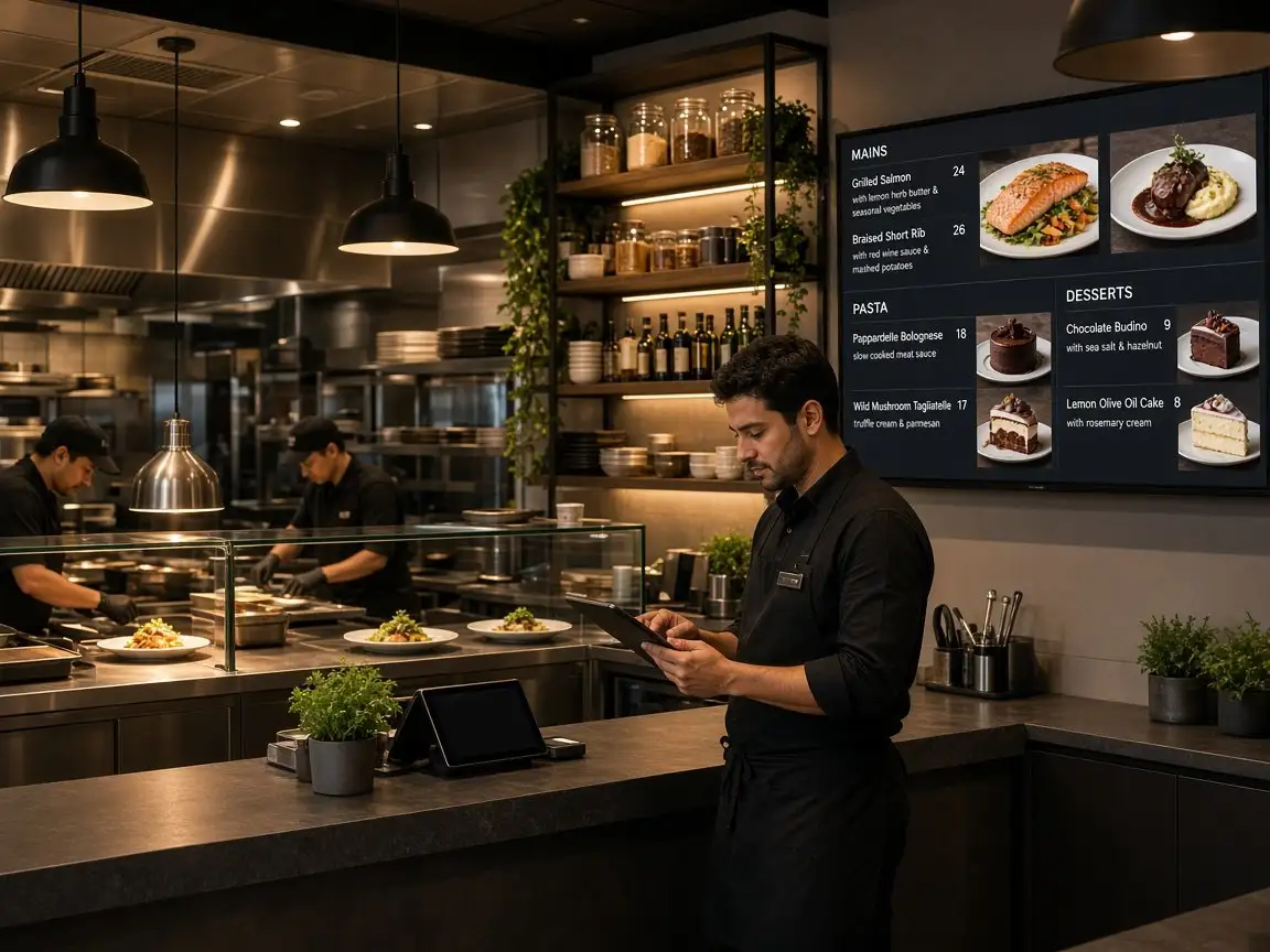 Açık mutfak geçidi tablet ve dijital menü panosuyla entegre restoran otomasyonu ve operasyon yönetimi
