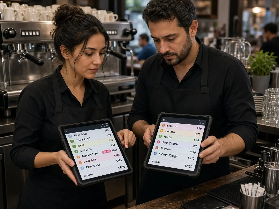 Tezgâhta iki dokunmatik restoran POS cihazını karşılaştıran cafe ekibi adisyon programı seçimi