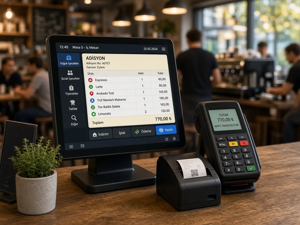 Yoğun kafe kasasında renkli adisyon ekranlı restoran POS terminali kart ödeme ve fiş yazıcısı
